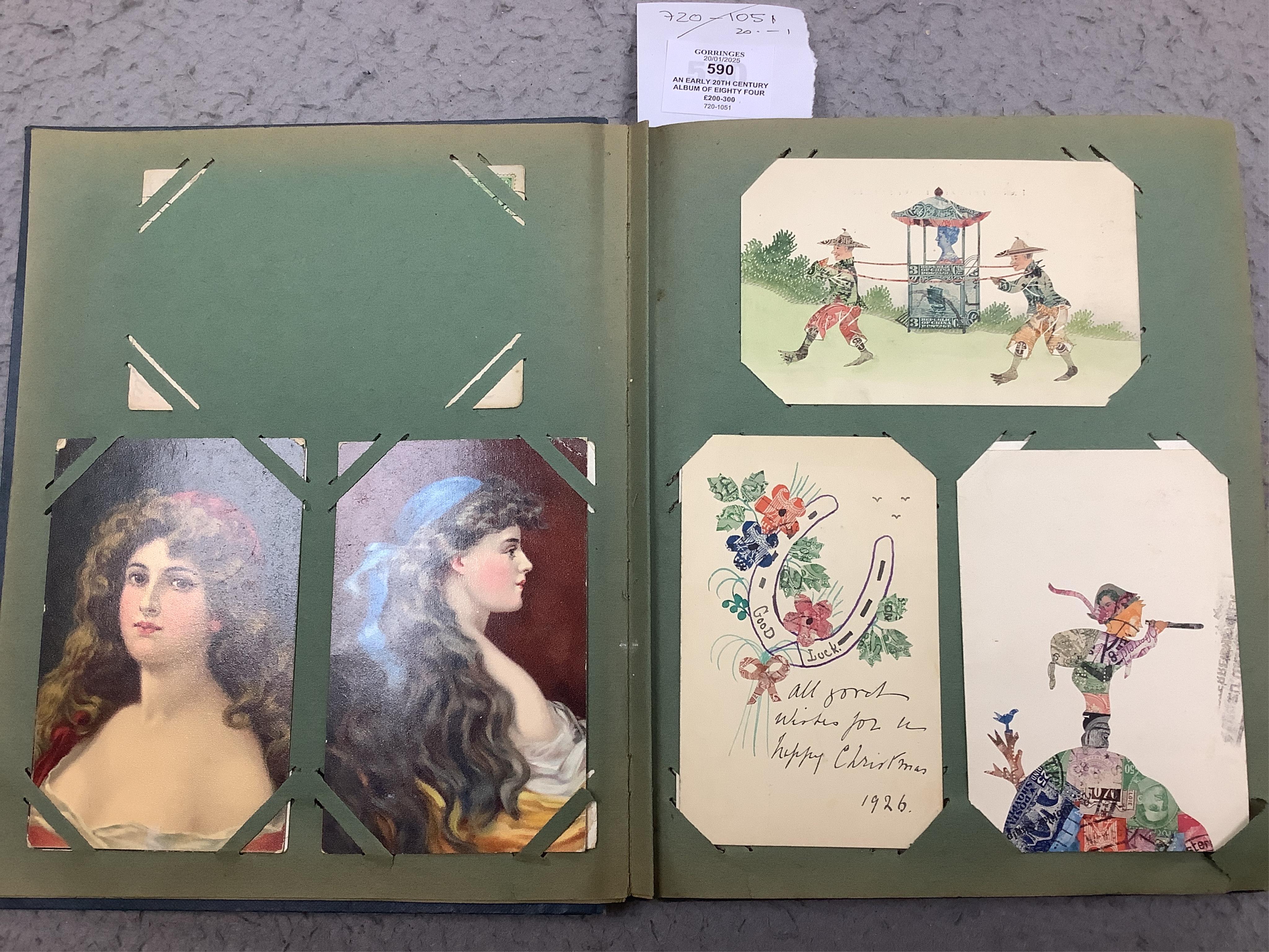 An early 20th century album of eighty four postcards; good selection including mechanical, silks, novelty, etc. Condition - variable